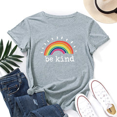 European and American Women's Clothing Women T-shirt 2022 Spring Loose round Neck Short Sleeve Print Be Kind Rainbow