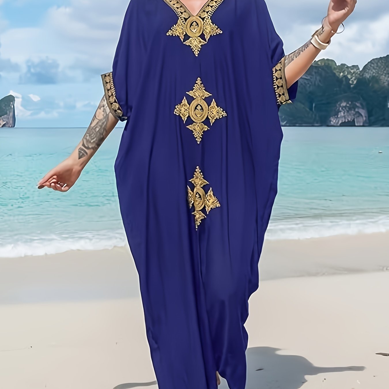 Gold Embroidery Long Kaftan Dresses V Neck Caftan Dress Beach Cover Ups For Women Embroidery - Elegant & Flowy Design - Soft & Breathable Fabric - Perfect for Beach Vacations, Poolside & Loungewear - Ideal Gift for Women