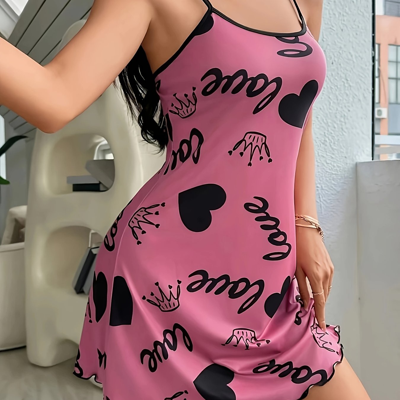 Women'S Casual Heart Print Sleep Dress, Spaghetti Strap Round Neck Frill Trim Slip Dress, Soft And Comfortable Nightwear, Casual Home Loungewear