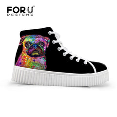 FORUDESIGNS Women High Top Platform Shoes Cute Painting Animal 3D French Bulldog Printed Flat Shoes Casual Female Comfort Flats