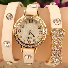 Fashion Women Bowknot Crystal Quartz Watch Imitation Leather Watch