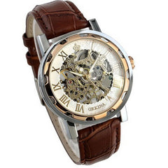 Luxury Mans Leather Band Stainless Skeleton Mechanical Wrist Watch - jomfeshop