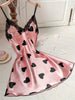 Women Nightdress, Sleeveless V-neck Backless Lace Trim Heart Print Sleepwear Loungewear
