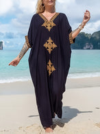 Gold Embroidery Long Kaftan Dresses V Neck Caftan Dress Beach Cover Ups For Women Embroidery - Elegant & Flowy Design - Soft & Breathable Fabric - Perfect for Beach Vacations, Poolside & Loungewear - Ideal Gift for Women