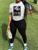 Women's Casual Polyester Two-Piece Outfit with Geometric Print Crew Neck T-Shirt and Stretchy Leggings Set - Knit Fabric, Spring Summer Collection - For Women - Perfect for Casual Wear, Loungewear, or Running Errands - Ideal