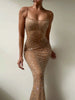 Ahagaga Fashion Style Sexy Nude Color Mesh See-through Dress Fancy Accessible Luxury Hot Rhinestone Silm Suspender Dress