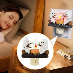 2024 Ghost Campfire Flickering Nightlight 2 Ghosts Roasting Plug Wall Spooky Fire Marshmallow Night Light for Halloween Decor