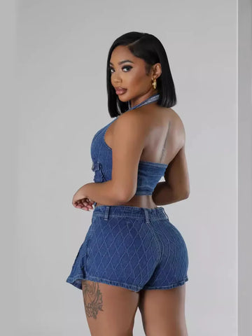 Denim Summer Two Piece Pant Sets Biker Cargo Dress Pants Shorts Suits Sets Cropped jean Tops Tracksuit Sexy Outfits Y2K Fashion