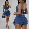 Image of Denim Summer Two Piece Pant Sets Biker Cargo Dress Pants Shorts Suits Sets Cropped jean Tops Tracksuit Sexy Outfits Y2K Fashion