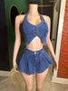 Denim Summer Two Piece Pant Sets Biker Cargo Dress Pants Shorts Suits Sets Cropped jean Tops Tracksuit Sexy Outfits Y2K Fashion