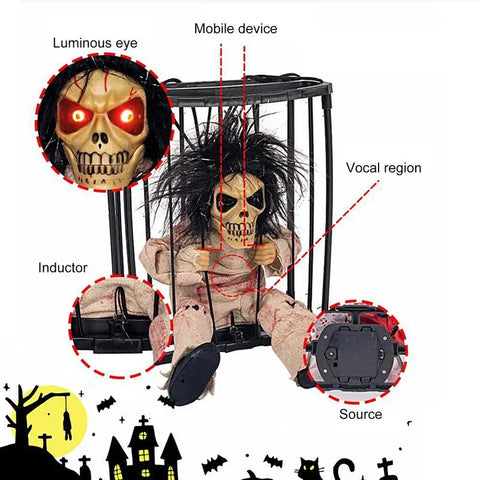 Halloween Decoration Prisoner Ghost In Cage Scary Skull Prop Electric Skeleton Toy Glowing Eye Sound Doll Hangable Talking Ghost