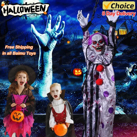 Halloween Animatronic Hanging Decoration Animated Talking Scary Clown with Chain Red Eyes Sound &Touch Activated Electric Horror