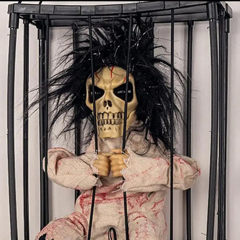 Halloween Decoration Prisoner Ghost In Cage Scary Skull Prop Electric Skeleton Toy Glowing Eye Sound Doll Hangable Talking Ghost