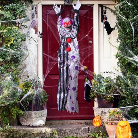 Halloween Animatronic Hanging Decoration Animated Talking Scary Clown with Chain Red Eyes Sound &Touch Activated Electric Horror