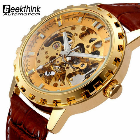 Vintage Luxury Gold Men Skeleton Automatic Wristwatch Antique Steampunk