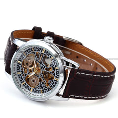 SHENHUA Men Skeleton Automatic Leather Strap Antique Steampunk Casual Skeleton Mechanical Watch