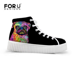 FORUDESIGNS Women High Top Platform Shoes Cute Painting Animal 3D French Bulldog Printed Flat Shoes Casual Female Comfort Flats