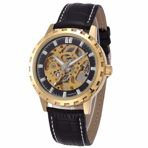 Vintage Luxury Gold Men Skeleton Automatic Wristwatch Antique Steampunk