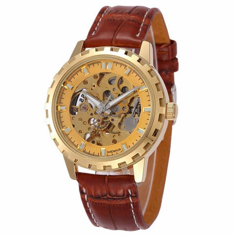 Vintage Luxury Gold Men Skeleton Automatic Wristwatch Antique Steampunk