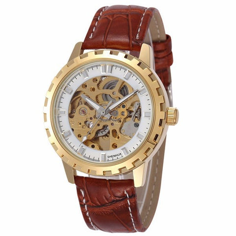 Vintage Luxury Gold Men Skeleton Automatic Wristwatch Antique Steampunk