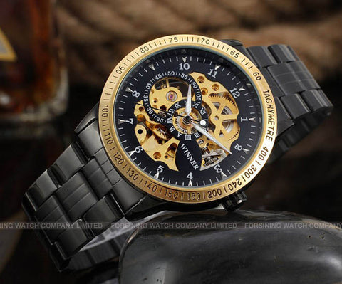 Vintage Black Gold Men's Mechanical Automatic Skeleton Watch - jomfeshop