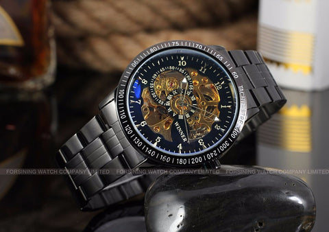 Vintage Black Gold Men's Mechanical Automatic Skeleton Watch - jomfeshop