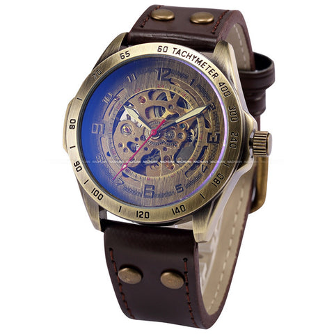 Automatic Skeleton Mechanical Vintage Brass steel Men's Wristwatch - jomfeshop