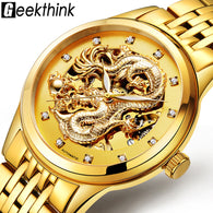 Dragon Antique Design Automatic Watch Skeleton Vintage Gold Stainless steel Band Men's Wristwatch Mechanical Skeleton Steampunk - jomfeshop