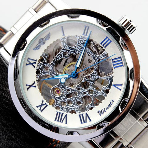 Men's Watch Skeleton Dial Stainless Steel Strap Hand-Wind Mechanical Watches