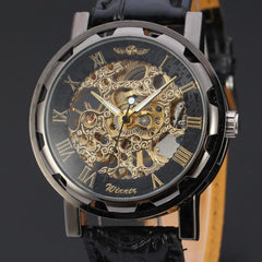 Classic Men's Black Leather Dial Skeleton Mechanical Sport Army Wrist Watch - jomfeshop