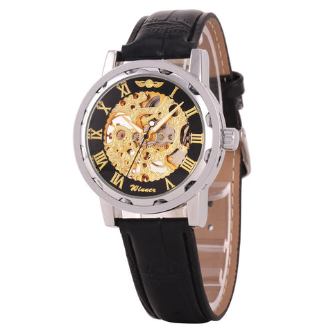 Classic Men's Black Leather Dial Skeleton Mechanical Sport Army Wrist Watch