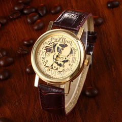 Skeleton Mens Brown Leather Band Quartz Stainless Steel Gold Wrist Watch