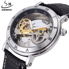 Hollow Skeleton Automatic Mechanical Men's Watch w/Leather Wristband, Stainless Steel Steampunk Self-Wind Waterproof - jomfeshop