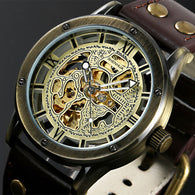 Vintage Bronze Men's Casual Automatic Skeleton Watch Leather Strap Antique Steampunk - jomfeshop